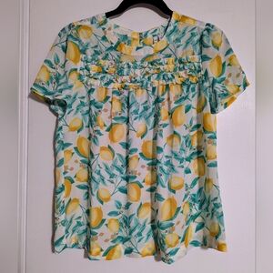 Elle Tossed Lemons Sheer Ruffled Flowy Top Size S
